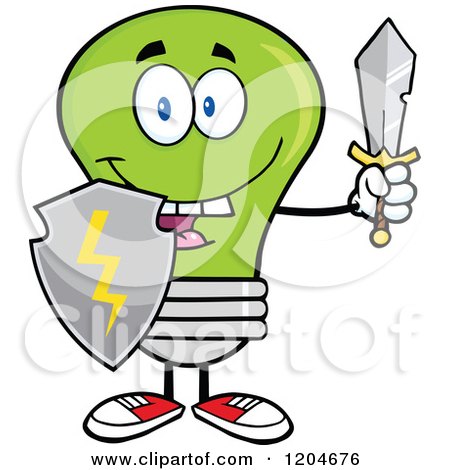 Cartoon of a Happy Green Light Bulb Mascot with a Sword and Shield - Royalty Free Vector Clipart by Hit Toon