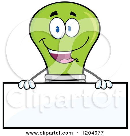 Cartoon of a Happy Green Light Bulb Mascot over a Sign - Royalty Free Vector Clipart by Hit Toon