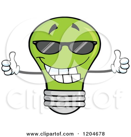 Cartoon of a Happy Green Light Bulb Mascot Holding Two Thumbs up and Wearing Shades - Royalty Free Vector Clipart by Hit Toon