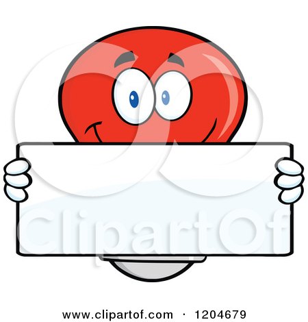 Cartoon of a Happy Red Light Bulb Mascot Holding a Sign 2 - Royalty Free Vector Clipart by Hit Toon