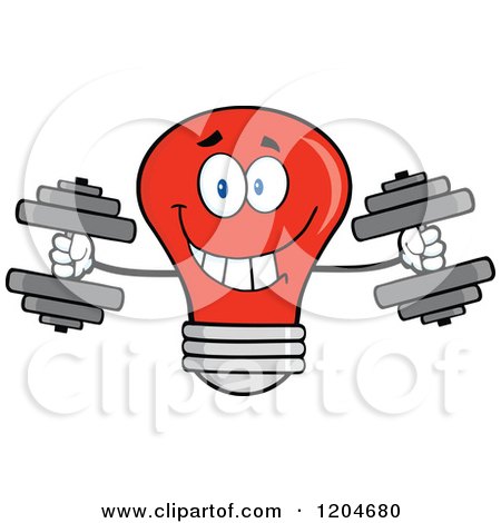 Cartoon of a Happy Red Light Bulb Mascot Weightlifting Dumbbells - Royalty Free Vector Clipart by Hit Toon