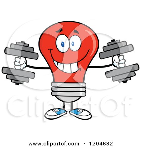 Cartoon of a Happy Red Light Bulb Mascot Lifting Dumbbell Weights - Royalty Free Vector Clipart by Hit Toon
