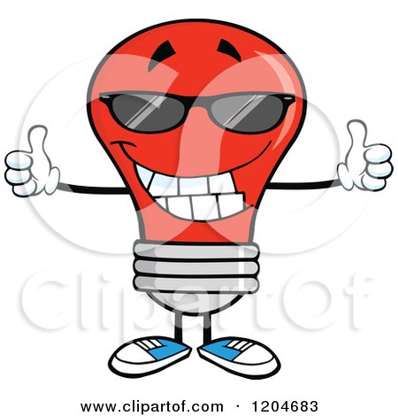 Cartoon of a Happy Red Light Bulb Mascot Wearing Shades and Holding Two Thumbs up - Royalty Free Vector Clipart by Hit Toon