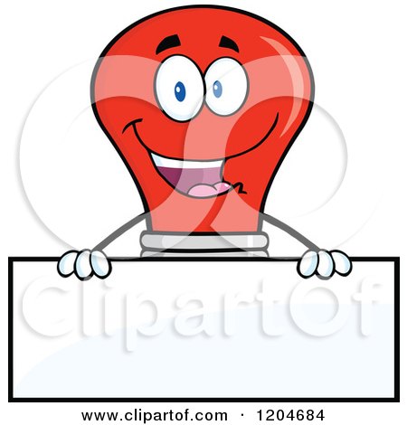 Cartoon of a Happy Red Light Bulb Mascot over a Sign - Royalty Free Vector Clipart by Hit Toon
