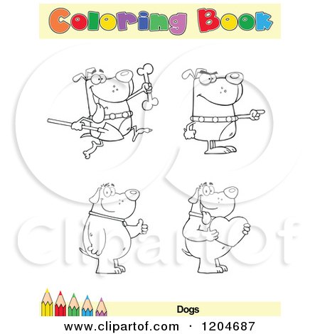 Cartoon of a Coloring Book Page with Dog Outlines Text and a Colored Pencil Border - Royalty Free Vector Clipart by Hit Toon