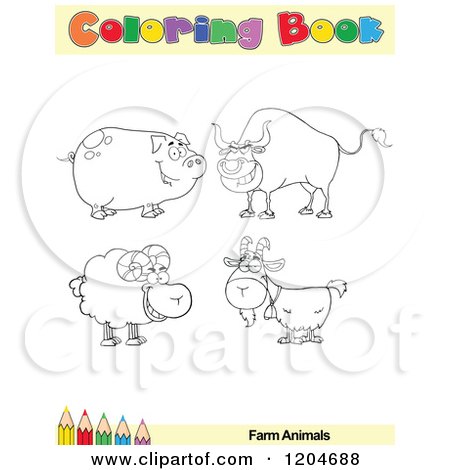 Cartoon of a Coloring Book Page with Farm Animal Outlines Text and a Colored Pencil Border - Royalty Free Vector Clipart by Hit Toon