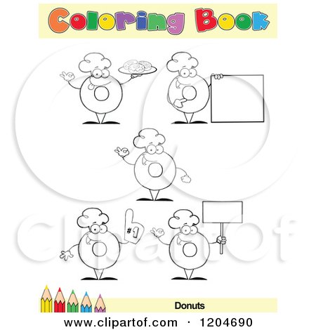 Cartoon of a Coloring Book Page with Donut Outlines Text and a Colored Pencil Border - Royalty Free Vector Clipart by Hit Toon