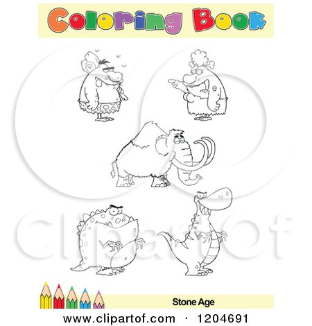 Cartoon of a Coloring Book Page with Stone Age People and Animal Outlines Text and a Colored Pencil Border - Royalty Free Vector Clipart by Hit Toon