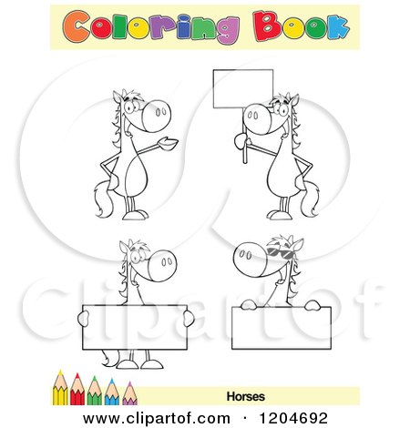 Cartoon of a Coloring Book Page with Horse Outlines Text and a Colored Pencil Border - Royalty Free Vector Clipart by Hit Toon