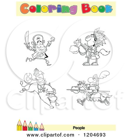 Cartoon of a Coloring Book Page with People Outlines Text and a Colored Pencil Border - Royalty Free Vector Clipart by Hit Toon