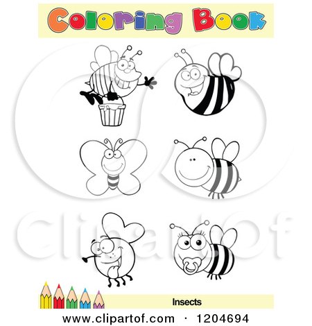 Cartoon of a Coloring Book Page with Insect Outlines Text and a Colored Pencil Border - Royalty Free Vector Clipart by Hit Toon
