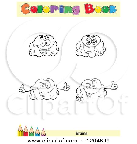 Cartoon of a Coloring Book Page with Brain Outlines Text and a Colored Pencil Border - Royalty Free Vector Clipart by Hit Toon