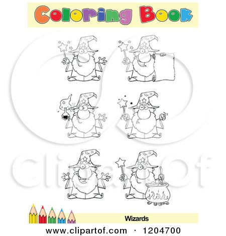 Cartoon of a Coloring Book Page with Wizard Outlines Text and a Colored Pencil Border - Royalty Free Vector Clipart by Hit Toon