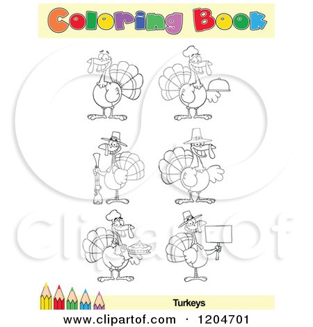 Cartoon of a Coloring Book Page with Turkey Outlines Text and a Colored Pencil Border - Royalty Free Vector Clipart by Hit Toon