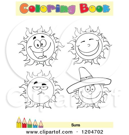 Cartoon of a Coloring Book Page with Sun Outlines Text and a Colored Pencil Border 2 - Royalty Free Vector Clipart by Hit Toon