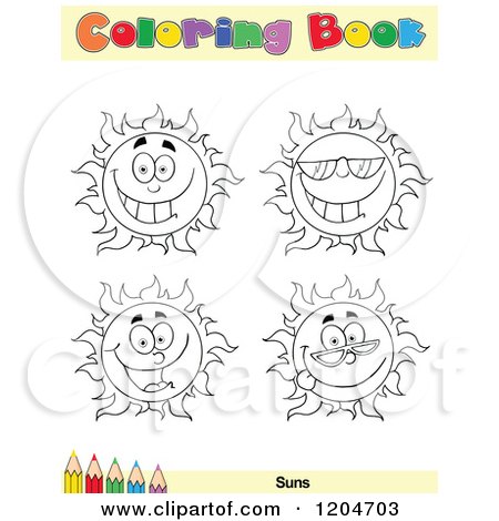Cartoon of a Coloring Book Page with Sun Outlines Text and a Colored Pencil Border - Royalty Free Vector Clipart by Hit Toon