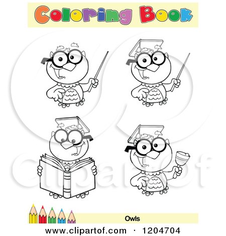 Cartoon of a Coloring Book Page with Owl Outlines Text and a Colored Pencil Border - Royalty Free Vector Clipart by Hit Toon