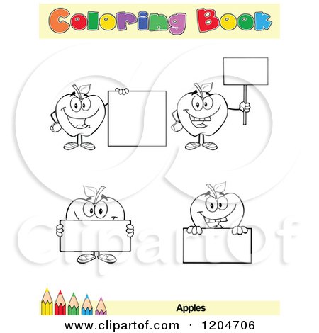 Cartoon of a Coloring Book Page with Apple and Sign Outlines Text and a Colored Pencil Border - Royalty Free Vector Clipart by Hit Toon