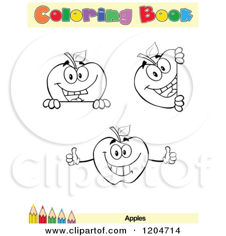 Cartoon of a Coloring Book Page with Apple Outlines Text and a Colored Pencil Border 2 - Royalty Free Vector Clipart by Hit Toon