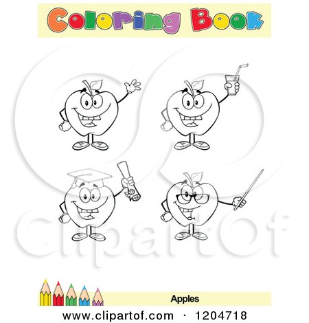 Cartoon of a Coloring Book Page with Apple Outlines Text and a Colored Pencil Border - Royalty Free Vector Clipart by Hit Toon