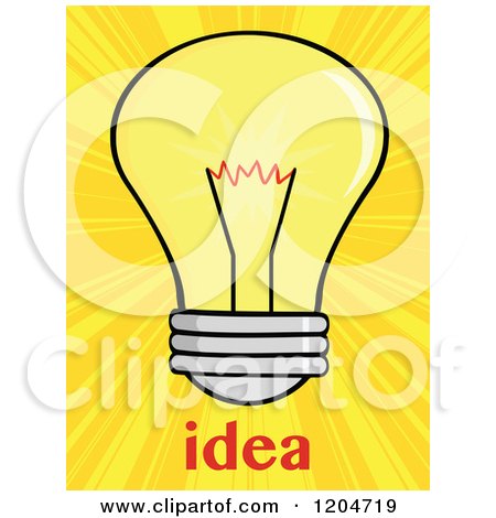 Cartoon of a Yellow Light Bulb and Idea Text over Rays - Royalty Free Vector Clipart by Hit Toon