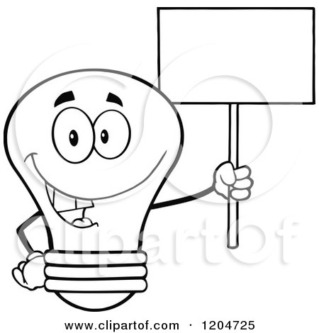 Cartoon of a Happy Black and White Light Bulb Mascot Holding a Sign 3 - Royalty Free Vector Clipart by Hit Toon