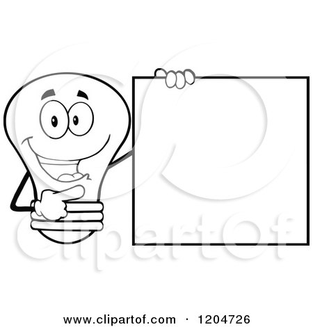 Cartoon of a Happy Black and White Light Bulb Mascot Pointing to a Sign 2 - Royalty Free Vector Clipart by Hit Toon