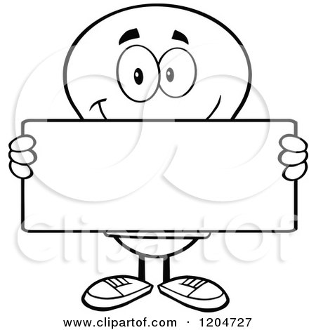 Cartoon of a Happy Black and White Light Bulb Mascot Holding a Sign - Royalty Free Vector Clipart by Hit Toon