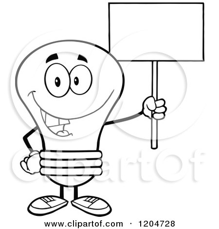 Cartoon of a Happy Black and White Light Bulb Mascot Holding a Sign 2 - Royalty Free Vector Clipart by Hit Toon