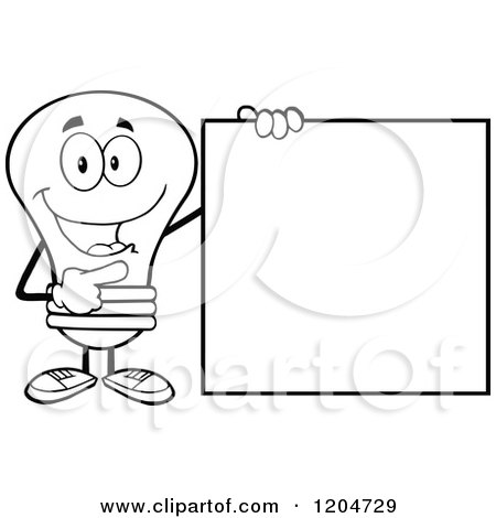 Cartoon of a Happy Black and White Light Bulb Mascot Pointing to a Sign - Royalty Free Vector Clipart by Hit Toon