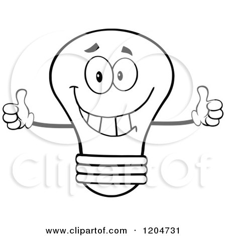 Cartoon of a Happy Black and White Light Bulb Mascot Holding Two Thumbs up - Royalty Free Vector Clipart by Hit Toon