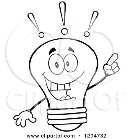 Cartoon of a Happy Black and White Light Bulb Mascot with an Idea - Royalty Free Vector Clipart by Hit Toon