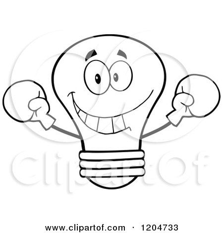 Cartoon of a Happy Black and White Light Bulb Mascot Fighter Wearing Boxing Gloves - Royalty Free Vector Clipart by Hit Toon
