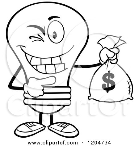 Cartoon of a Winking Black and White Light Bulb Mascot Holding a Money Savings Bag - Royalty Free Vector Clipart by Hit Toon