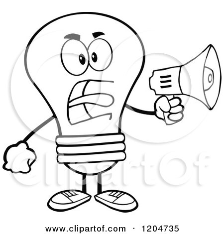 Cartoon of a Black and White Light Bulb Mascot Announcing with a Megaphone - Royalty Free Vector Clipart by Hit Toon