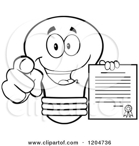 Cartoon of a Happy Black and White Light Bulb Mascot Pointing and Holding a Contract 2 - Royalty Free Vector Clipart by Hit Toon