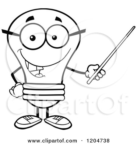 Cartoon of a Happy Black and White Light Bulb Mascot Teacher Using a Pointer Stick - Royalty Free Vector Clipart by Hit Toon