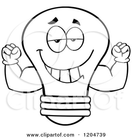 Cartoon of a Happy Black and White Light Bulb Mascot Flexing Muscles - Royalty Free Vector Clipart by Hit Toon