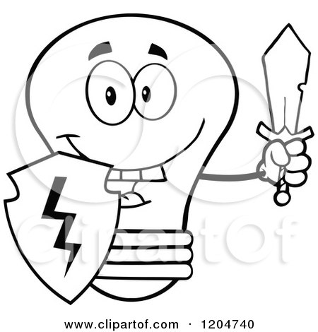 Cartoon of a Happy Black and White Light Bulb Mascot Guard with a Shield and Sword - Royalty Free Vector Clipart by Hit Toon