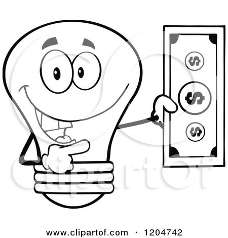 Cartoon of a Happy Black and White Light Bulb Mascot Holding a Dollar Bill 2 - Royalty Free Vector Clipart by Hit Toon