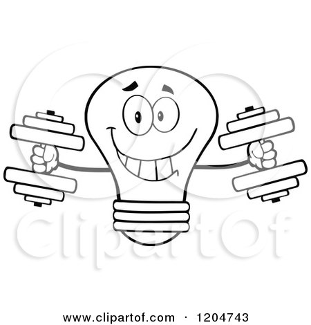 Cartoon of a Happy Black and White Light Bulb Mascot Weightlifting Dumbbells - Royalty Free Vector Clipart by Hit Toon