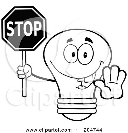 Cartoon of a Happy Black and White Light Bulb Mascot Holding a Stop Sign 2 - Royalty Free Vector Clipart by Hit Toon