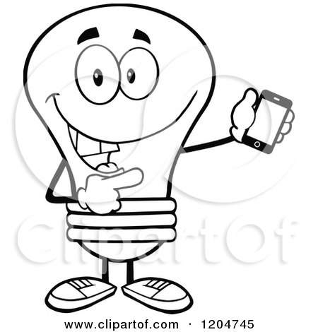 Cartoon of a Happy Black and White Light Bulb Mascot Pointing to a Tablet Computer - Royalty Free Vector Clipart by Hit Toon