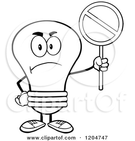 Cartoon of a Mad Black and White Light Bulb Mascot Holding a Forbidden Sign - Royalty Free Vector Clipart by Hit Toon