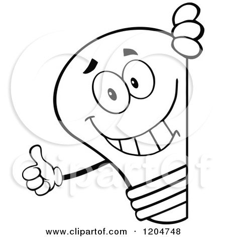 Cartoon of a Happy Black and White Light Bulb Mascot Holding a Thumb up Around a Sign - Royalty Free Vector Clipart by Hit Toon