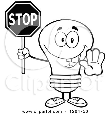 Cartoon of a Happy Black and White Light Bulb Mascot Holding a Stop Sign - Royalty Free Vector Clipart by Hit Toon