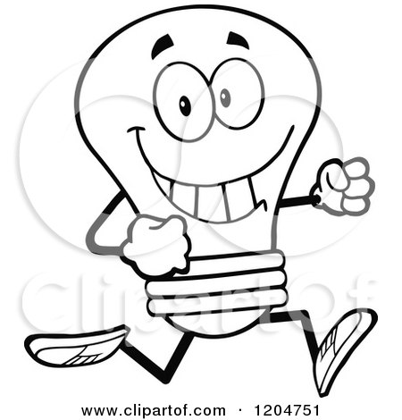 Cartoon of a Happy Black and White Light Bulb Mascot Running - Royalty Free Vector Clipart by Hit Toon