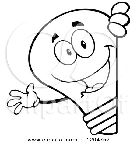 Cartoon of a Happy Black and White Light Bulb Mascot Waving Around a Sign - Royalty Free Vector Clipart by Hit Toon