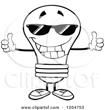 Cartoon of a Happy Black and White Light Bulb Mascot Wearing Shades and Holding Two Thumbs up - Royalty Free Vector Clipart by Hit Toon