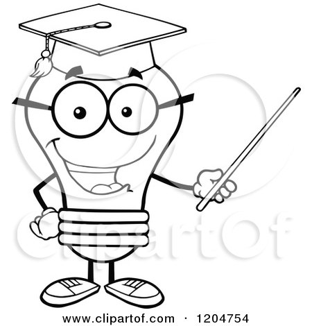 Cartoon of a Happy Black and White Light Bulb Mascot Professor Using a Pointer Stick - Royalty Free Vector Clipart by Hit Toon